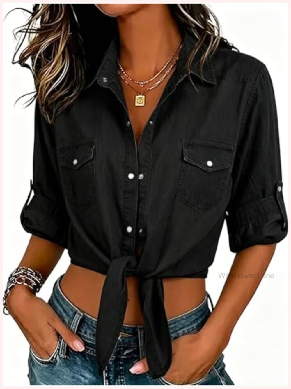 Women's 3/4 Sleeve Denim Crop Top Tie Front Knot Chambray Shirt